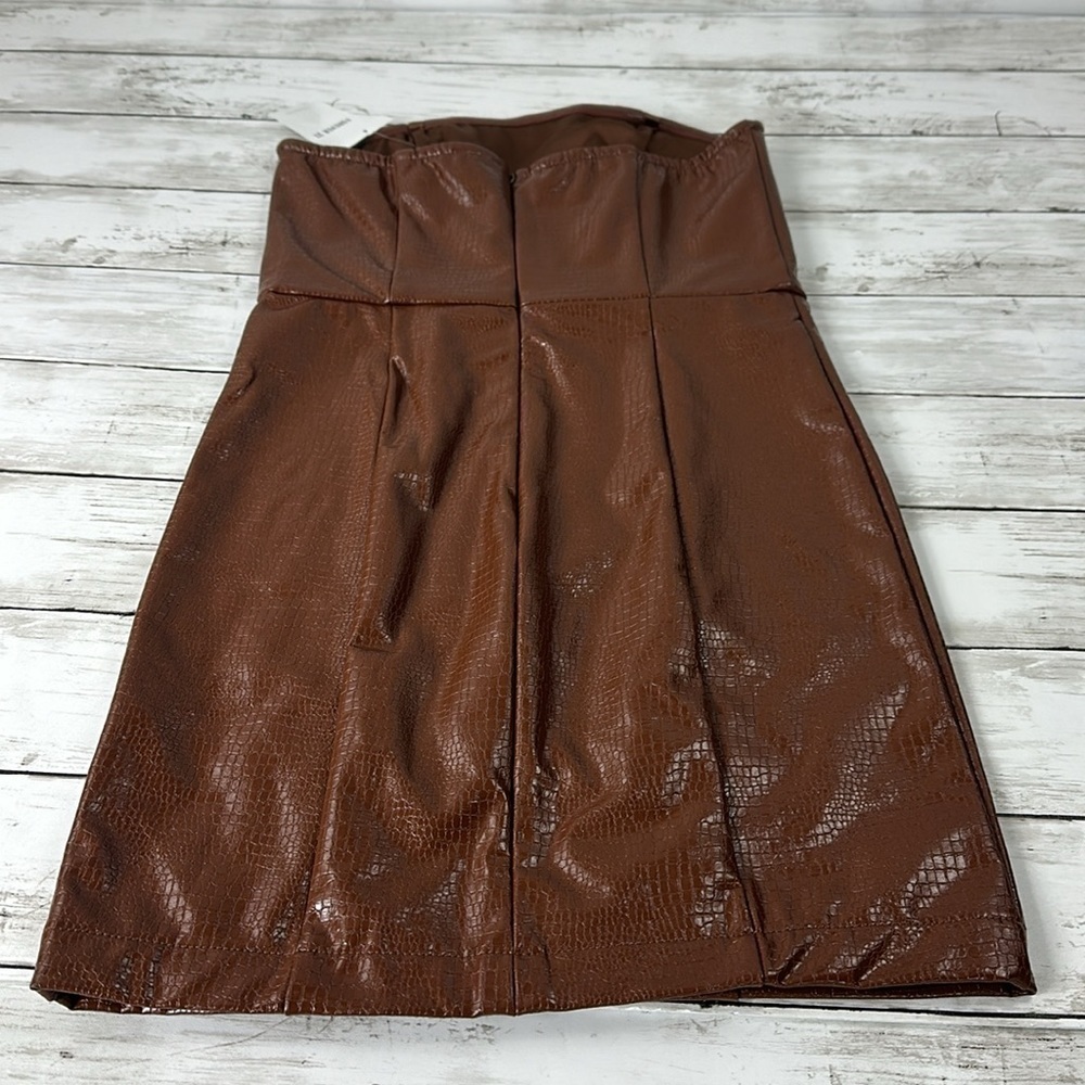 FOREVER 21 Strapless faux leather brown mini dress SZ S New - Picture 4 of 9